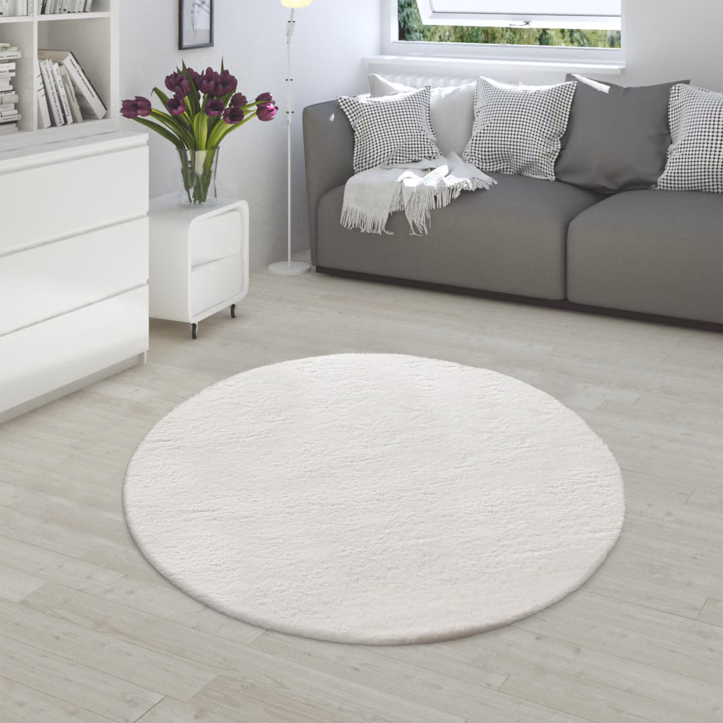 Tappeto rotondo in ecopelliccia Fluffy di tappeto.it, colore beige e bianco, Diametro: 160 cm – 1