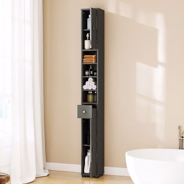 Armadio da bagno alto slim Costway con 5 ripiani regolabili e 1 cassetto, design moderno, Grigio