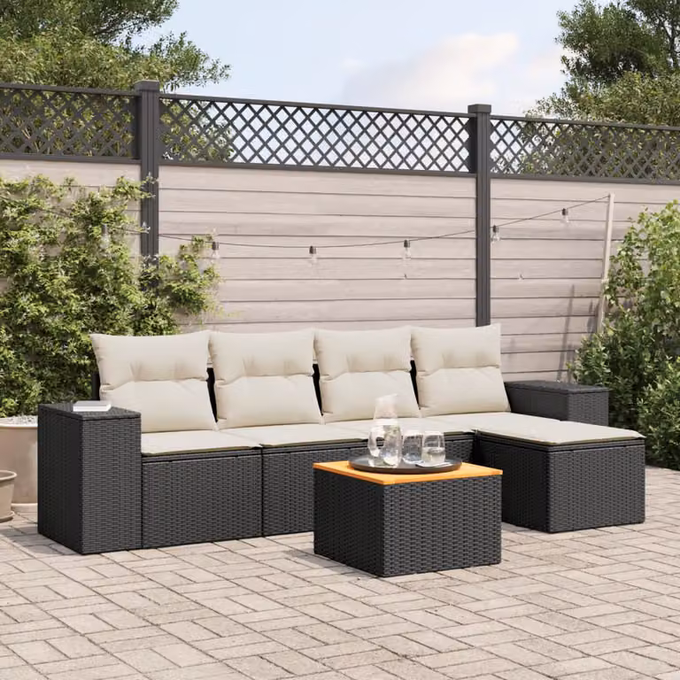 Set Divano da Giardino vidaXL 6 pz in Polyrattan Nero con Cuscini e Tavolino