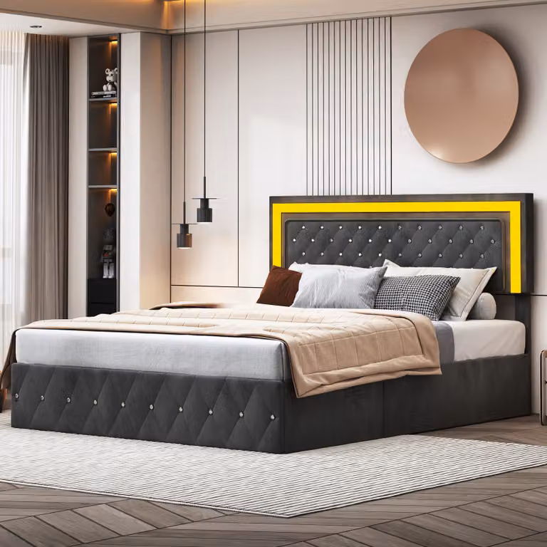 Letto Moonbite con contenitore, dimensioni 160x200 cm, imbottitura in velluto, testiera regolabile (106-112 cm), illuminazione LED, sistema di sollevamento idraulico e rete a doghe