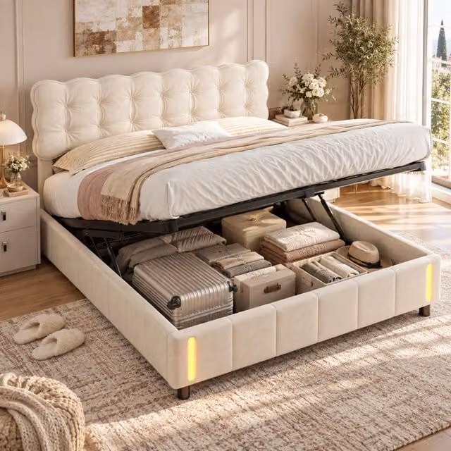 Letto Imbottito Matrimoniale 160x200 cm, Letto Contenitore Idraulico, Luce con Sensore, Testiera Imbottita con Rete a Doghe, Senza Materasso, Velluto, Beige