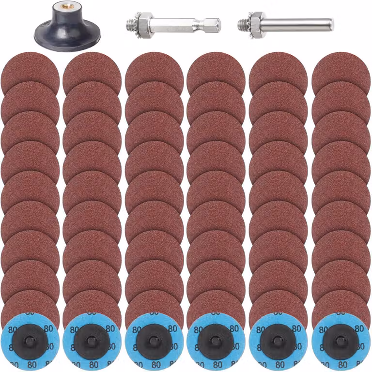 Set di dischi abrasivi da 63 pezzi, diametro 50 mm, sistema Roloc a cambio rapido, grana 80, con supporto da 1/4" per smerigliatrici angolari, adatti per metallo, legno e acciaio