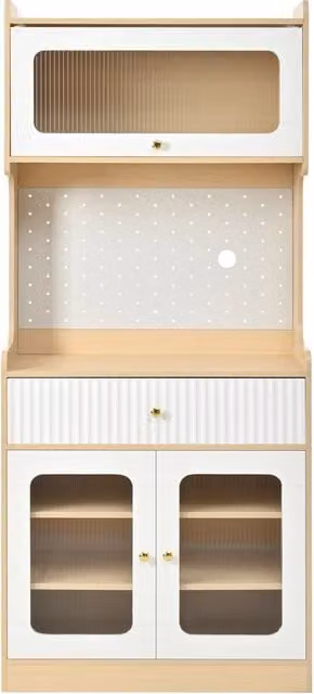 Buffet alto in MDF con ripiani regolabili, cassetti e illuminazione LED, vetro rigato, 80x40x180 cm, colore naturale