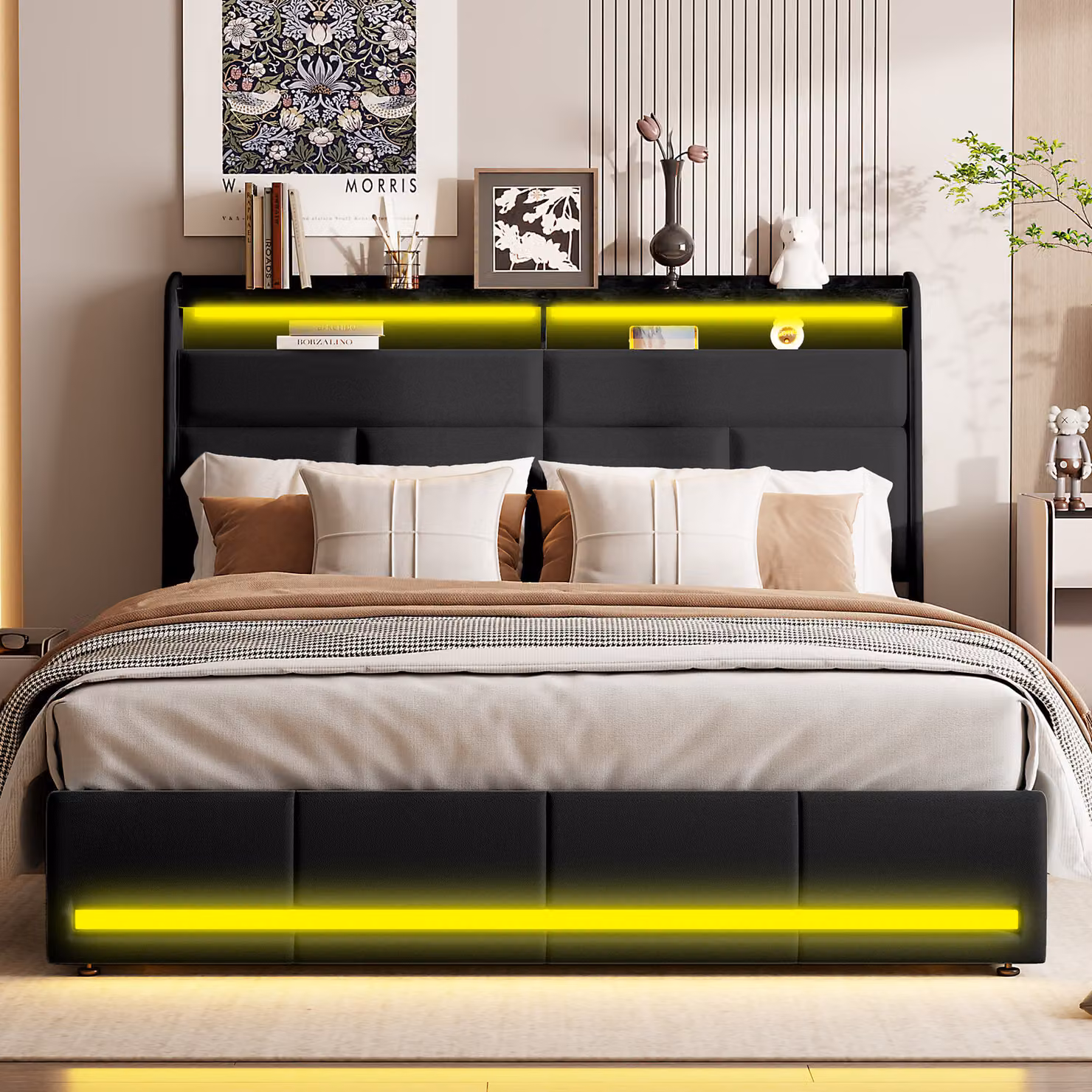 Letto matrimoniale imbottito 160 x 200 cm con illuminazione a LED e contenitore, rete a doghe in legno, nero