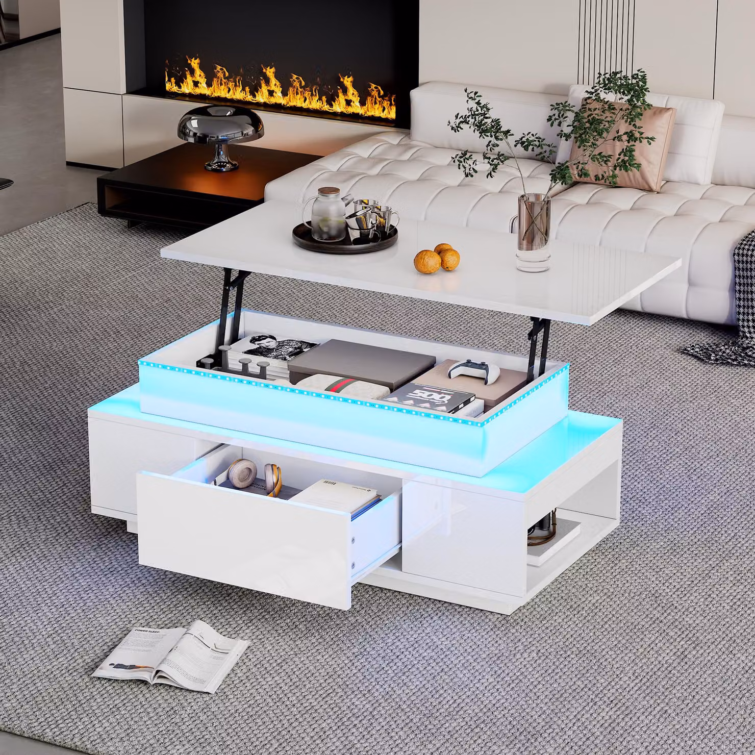 Tavolino da caffè bianco lucido, con altezza regolabile, dotato di illuminazione a LED e con cassetto