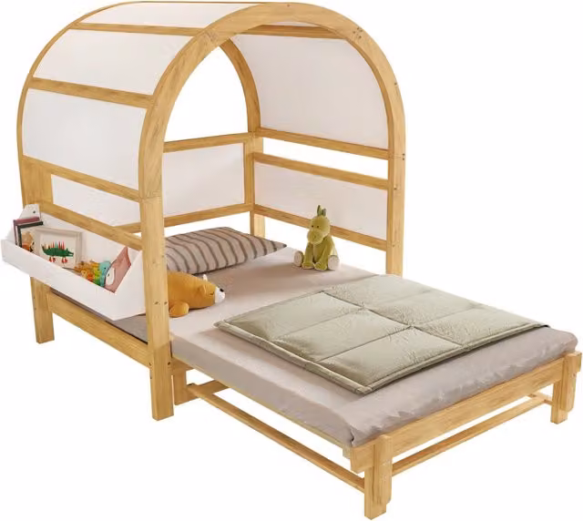 Letto a casetta per bambini 140x200 cm con letto estraibile, struttura in pino e MDF, tetto ad arco, mensola laterale, bianco e naturale