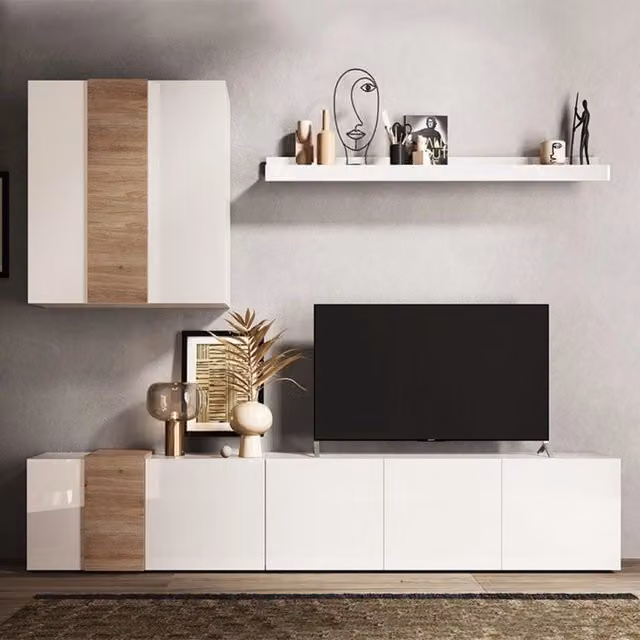 Parete attrezzata 301x44x195h Sabry colore bianco lucido rovere Kadiz