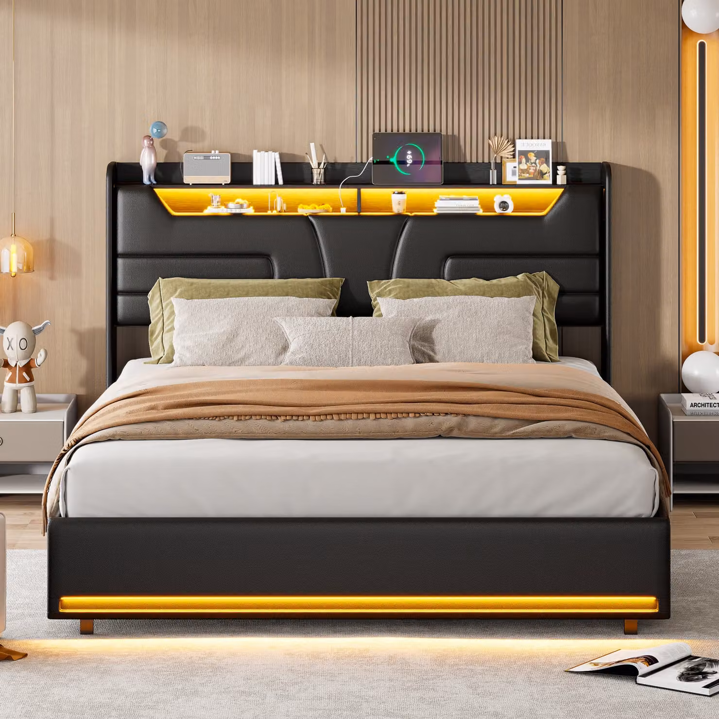 Letto imbottito matrimoniale 140x200 cm con contenitore e connessione per la ricarica, striscia luminosa a LED, nero, design moderno, ideale per le camere da letto, funzionale e confortevole