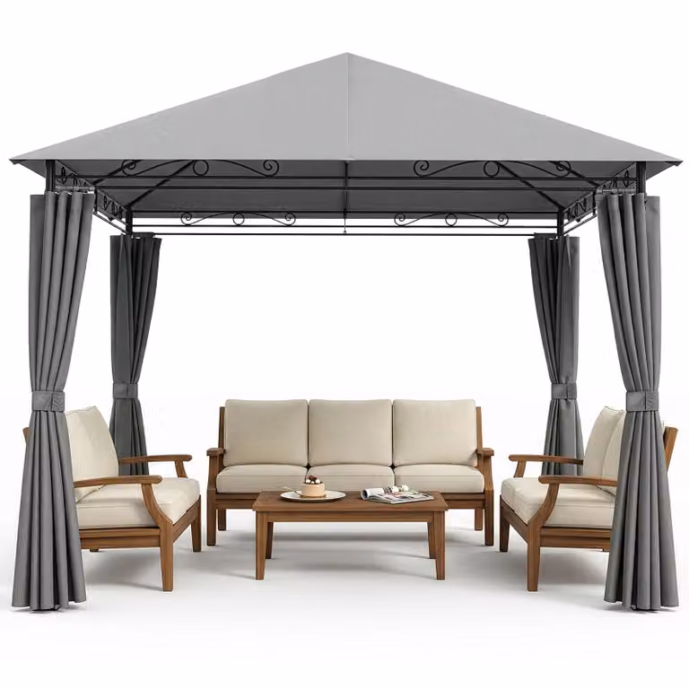 FCH Gazebo da giardino, gazebo da terrazza, gazebo per feste, 3x3 m con tende, resistente ai raggi UV e alle intemperie, struttura in metallo, per giardino, terrazza e balcone, grigio