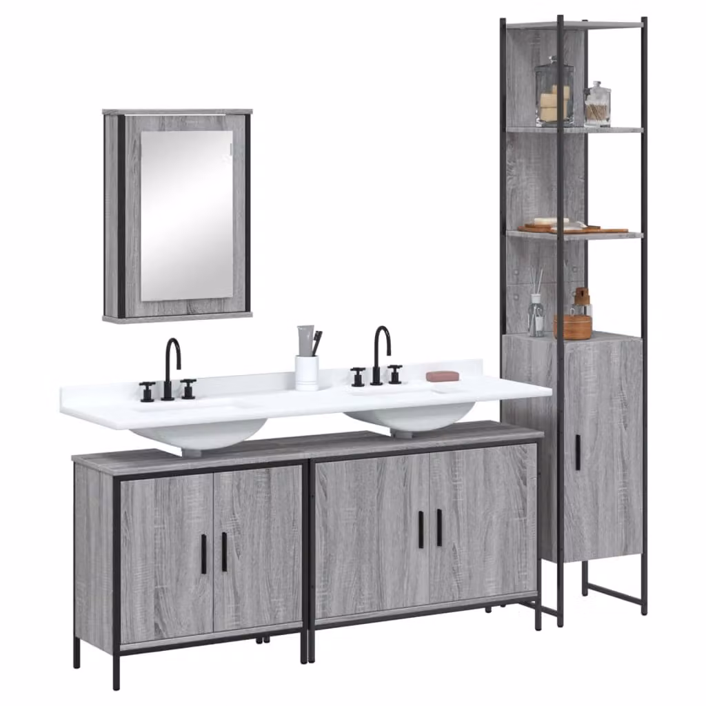 Set di mobili da bagno moderno vidaXL in legno e metallo grigio con armadietto specchio, mobile lavabo e colonna alta
