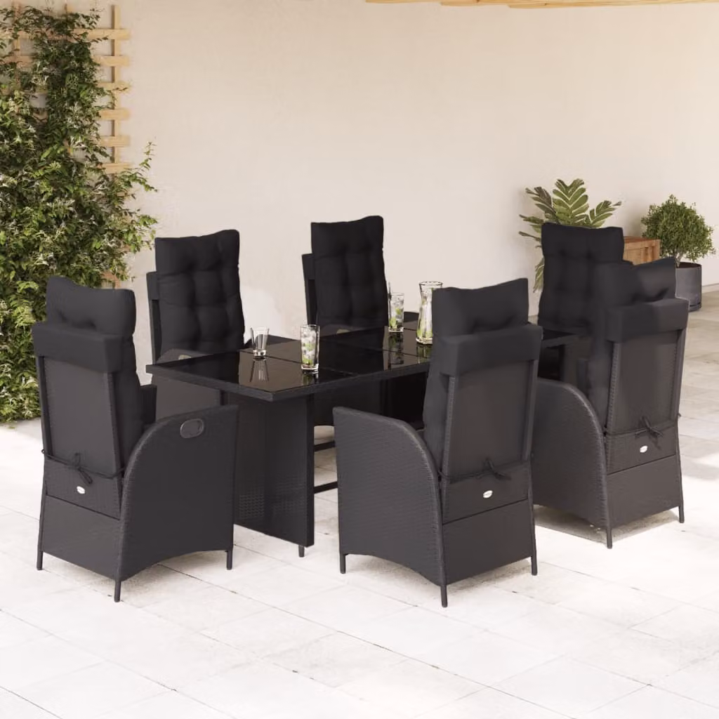 vidaXL Set da Pranzo da Giardino 7 pz in Polyrattan Nero con Piano in Vetro – 1
