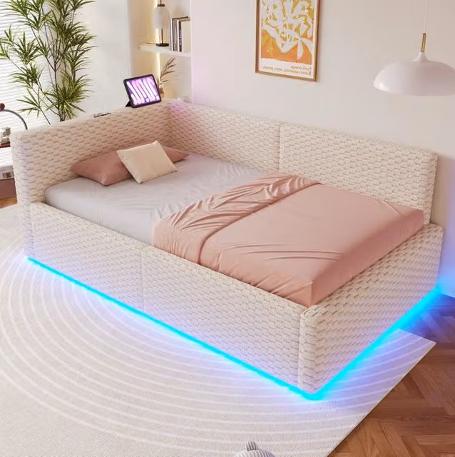 Letto imbottito 90x200 cm con LED; porte USB e contenitore idraulico; in velluto beige