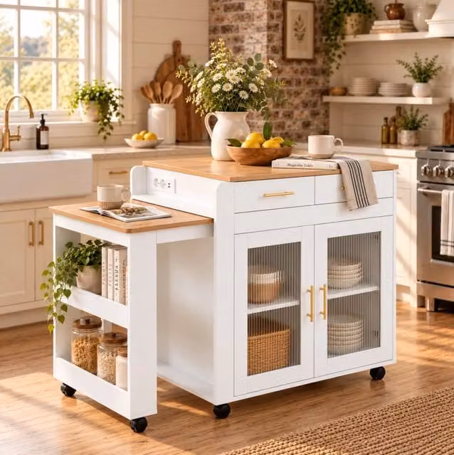 Isola da cucina con tavolo estraibile 116/177 cm; prese USB e ruote; bianca