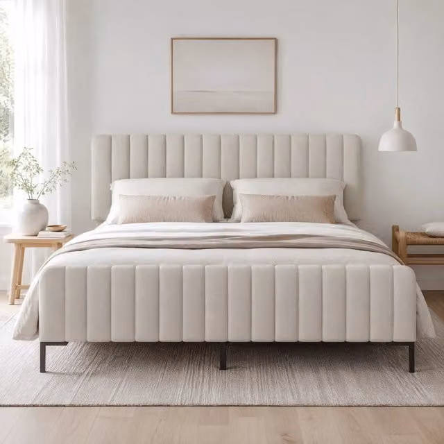Letto matrimoniale 180x200 cm imbottito in lino grigio-beige con testiera regolabile HAVRYA