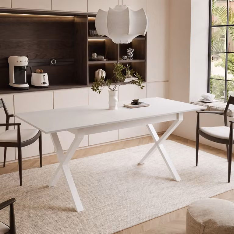 ARTON II tavolo allungabile 140 cm bianco, gambe a X in metallo bianco
