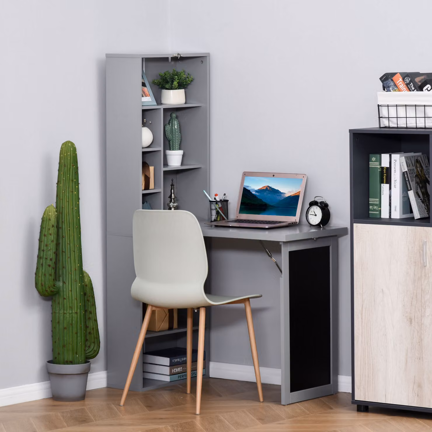 Scrivania Moderna Pieghevole HOMCOM con Libreria e Lavagna in MDF, Grigio, L: 98 cm, P: 51 cm, H: 153 cm – 2