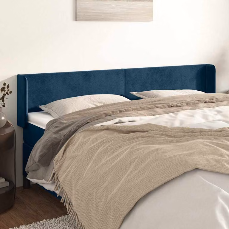 Testiera per letto vidaXL in velluto blu scuro con design ad orecchio, L: 203 cm, P: 16 cm, H: 78-88 cm