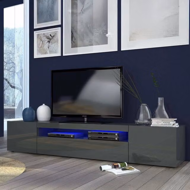 Amore, Mobile Porta tv 2 Ripiani Made in Italy, 200x40x37h cm Nero Antracite Lucido
