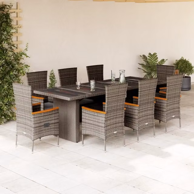 Set da pranzo da giardino vidaXL in polyrattan e legno di acacia con tavolo in vetro, 9 pezzi, grigio