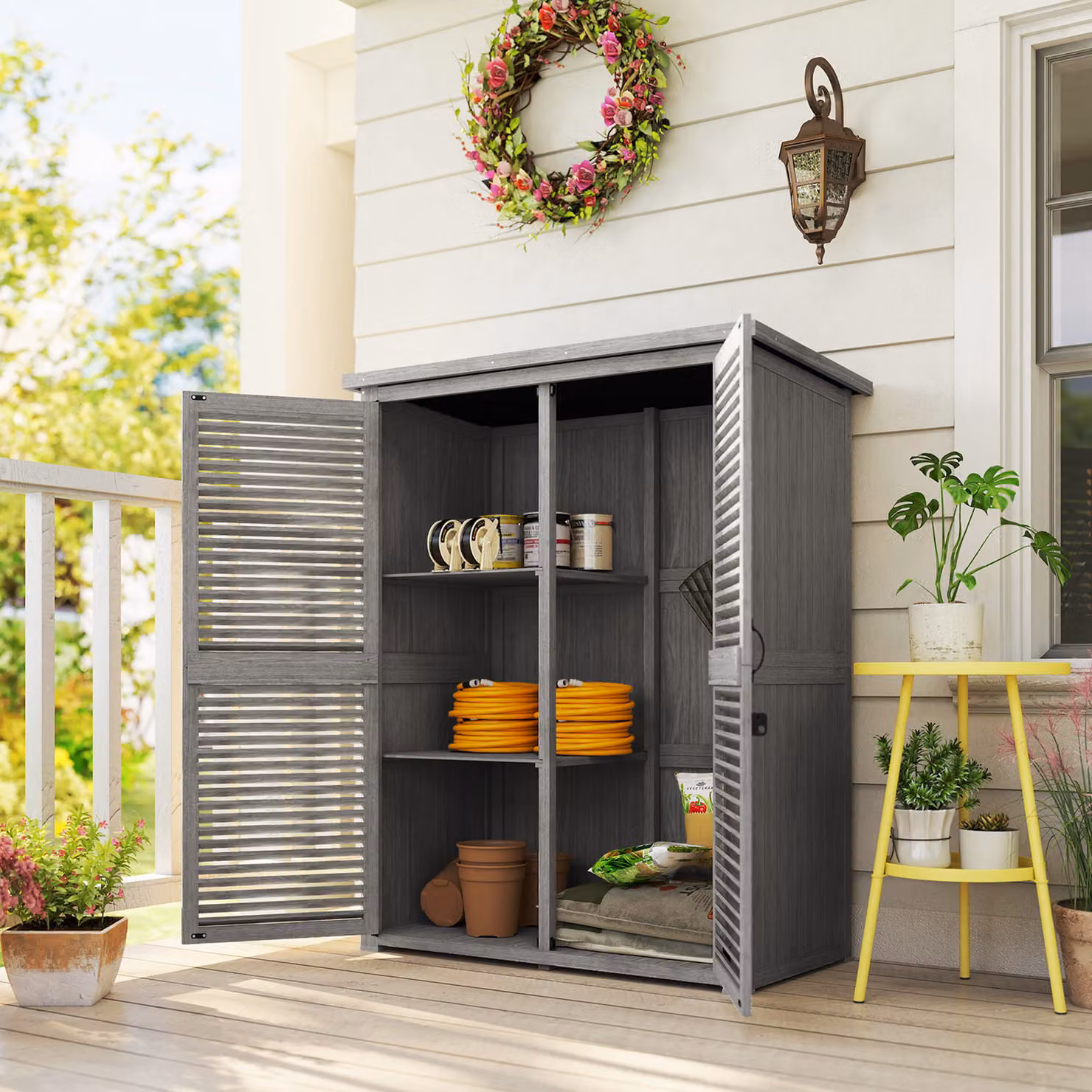 Outsunny Armadio da Giardino Grigio con 2 Porte a Persiana, 2 Ripiani e Tetto Impermeabile, L/P/H: 127 x 65 x 168 cm – 2