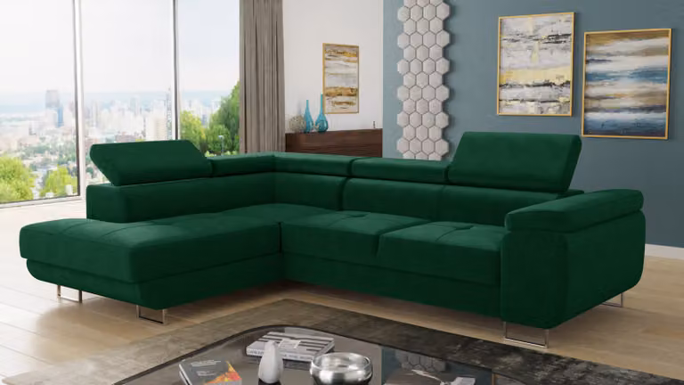 Divano angolare Caris con funzione letto e poggiatesta regolabili, salotto componibile, divano letto, contenitore, divano, divano (verde (Kronos 19), divano angolare sinistro)