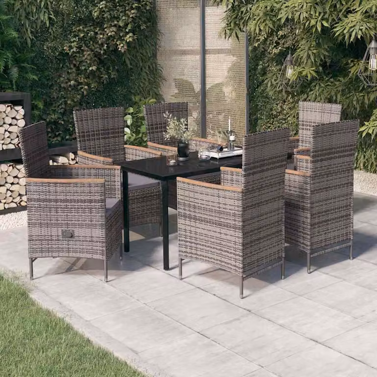 Set da pranzo da giardino vidaXL in polyrattan con tavolo in vetro e acacia, 7 pezzi, Grigio e Nero