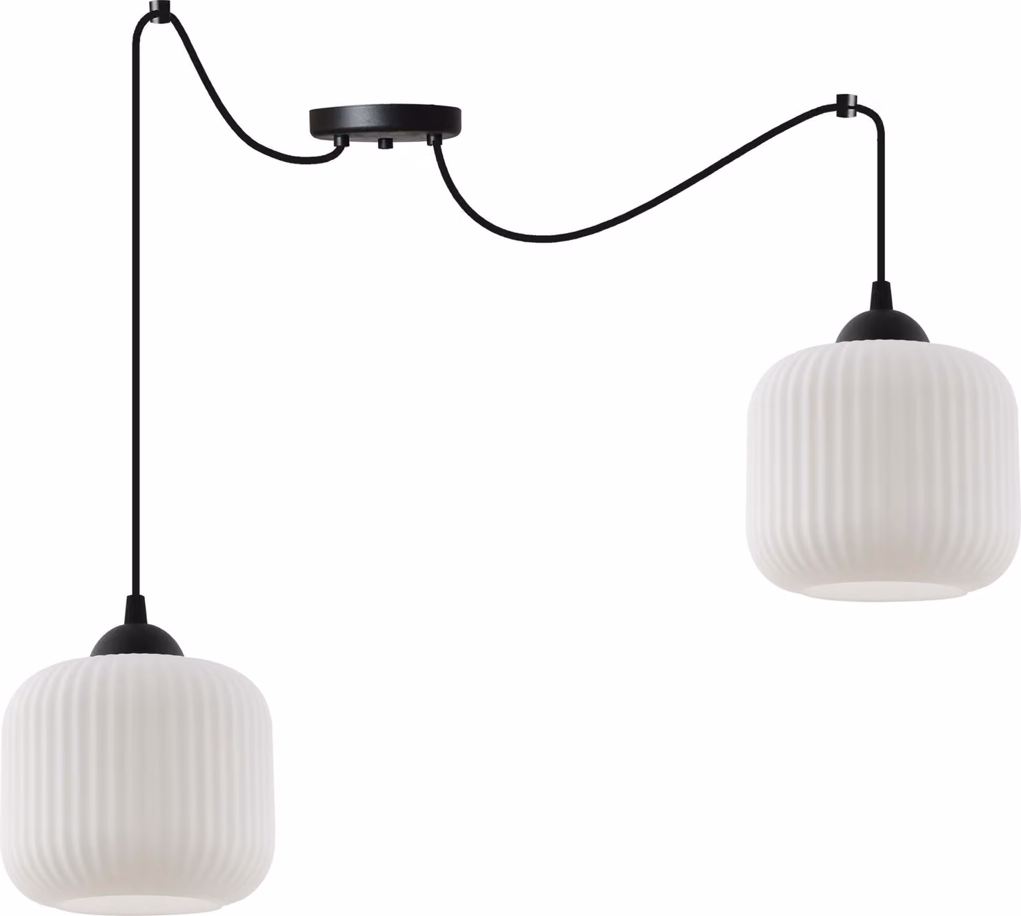 Lampada a sospensione Spider Riffle nera a 2 luci con paralumi cilindrici bianchi E27