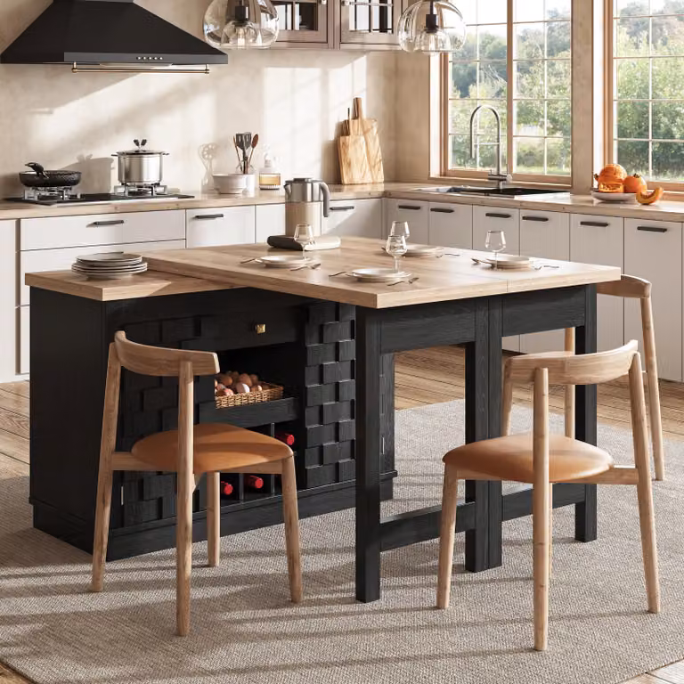 Tavolo da pranzo girevole a 360°, estendibile, con ante a patchwork, tavolo da pranzo con ripiano estraibile per bottiglie di vino e cassetti, tavolo da cucina, nero