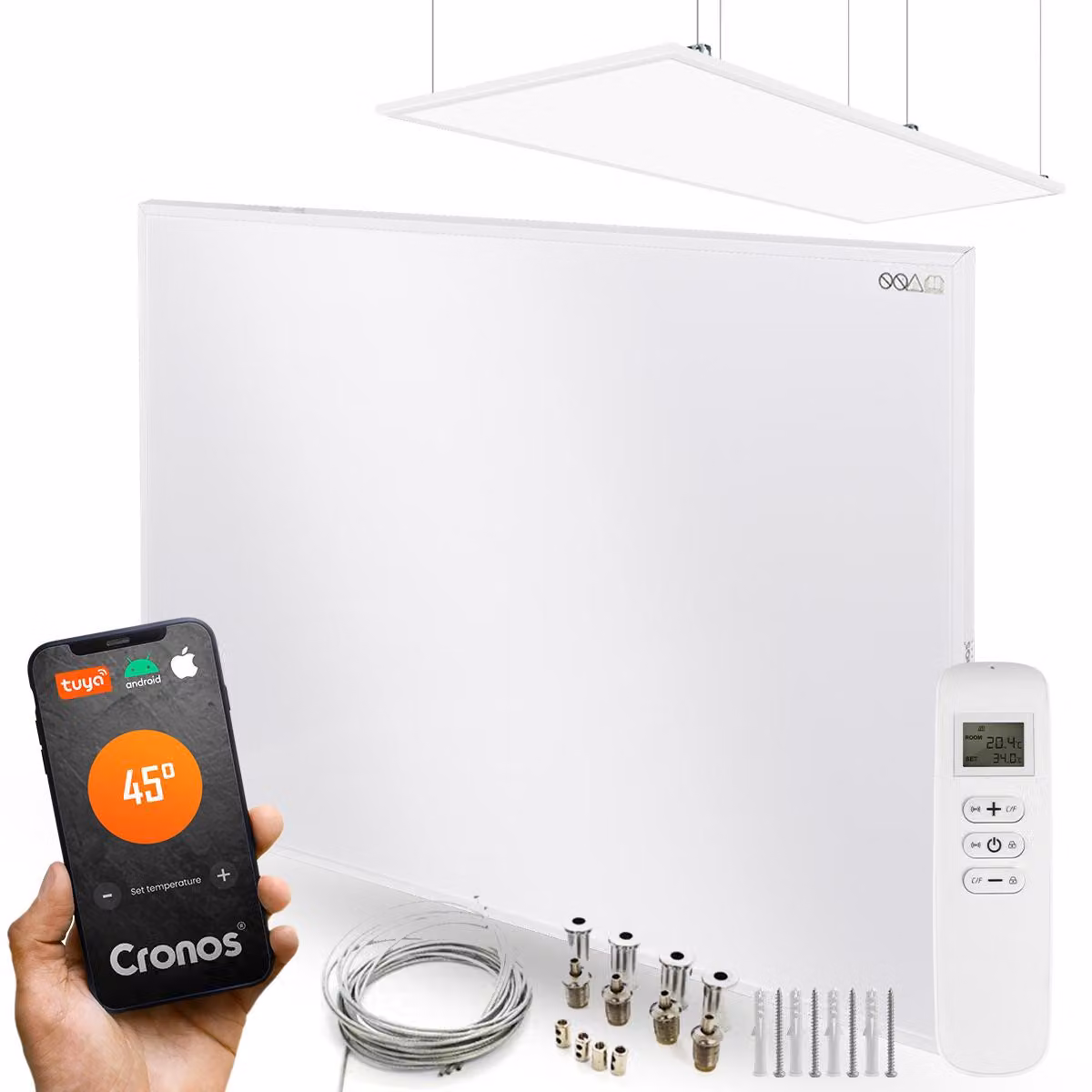 Set di pannelli radianti a infrarossi in grafene CRONOS GRP-300TWP, colore bianco, con supporto a soffitto incluso