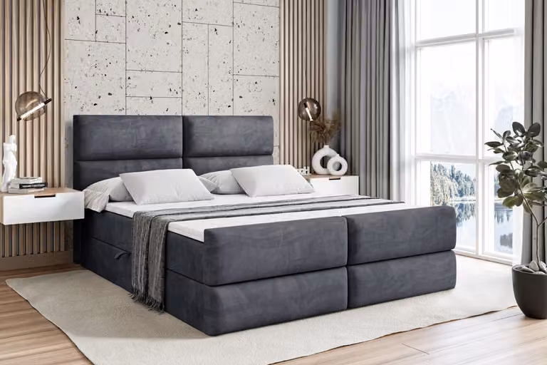 Letto boxspring ALTDECOR con pediera, materasso H3 e topper - 180x200 cm - BOXI3-Z - Velluto grigio scuro - Letto imbottito con contenitore e rete a doghe, letto con spazio contenitivo