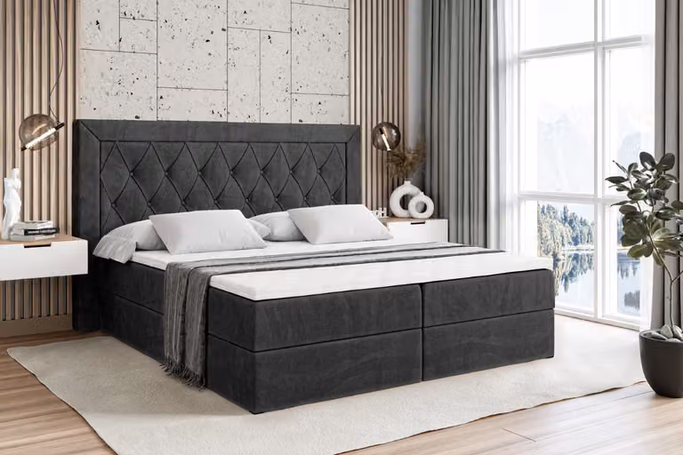 Letto boxspring ALTDECOR con materasso (altezza 20 cm) e topper (altezza 4 cm), letto imbottito con testiera e contenitore - NOEL - 180x200 - H3 / Velluto nero