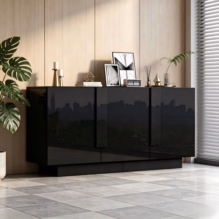 Credenza Merax lucida con 3 ante e 6 ripiani, cassettiera lucida con struttura in truciolato, mobile da salotto moderno con spazio contenitivo, nero