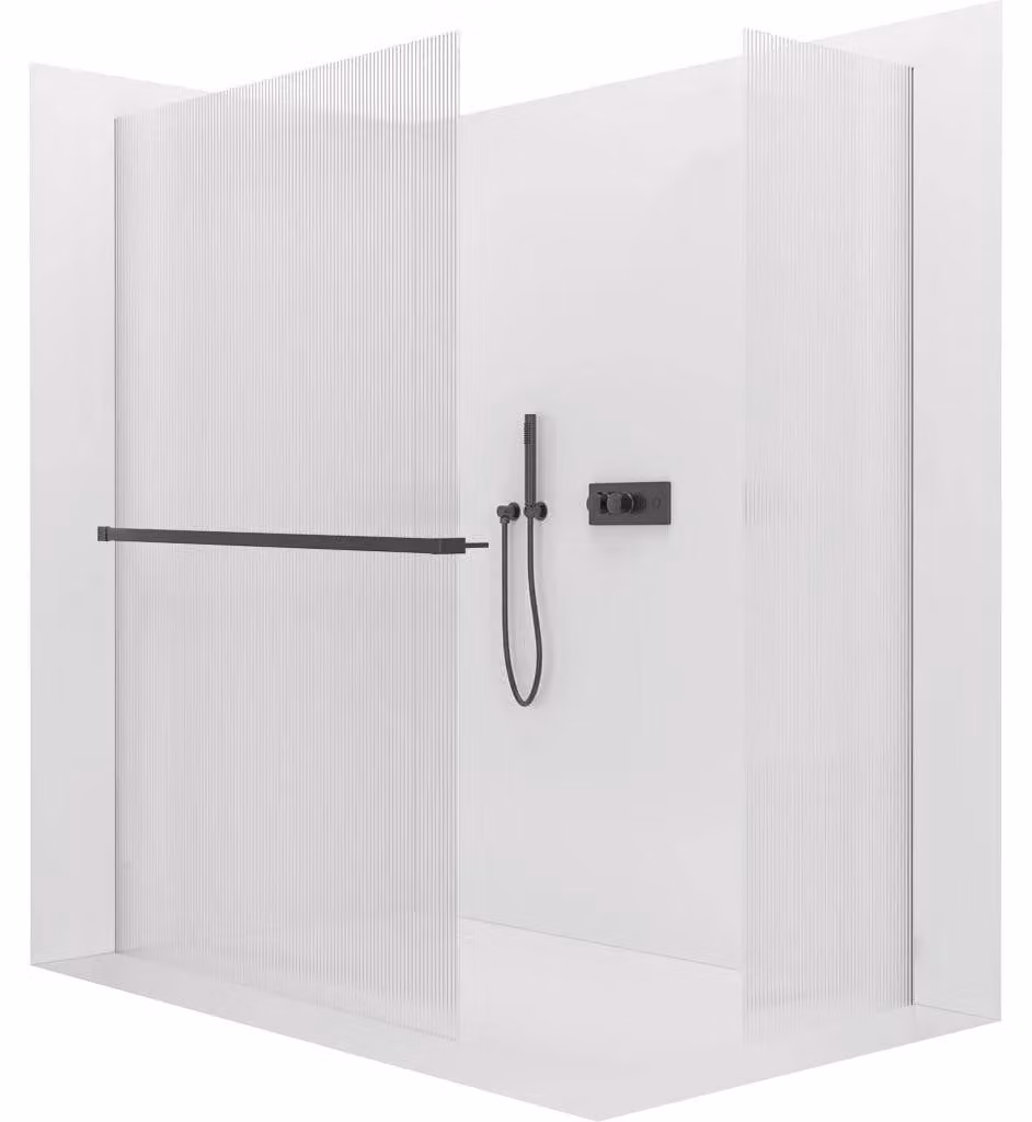 CERANO - Box doccia Walk-in Crystal T L/P - 8 mm - sistema senza montanti + ripiano/portasciugamani - nero opaco, vetro rigato - 110x60x200 cm