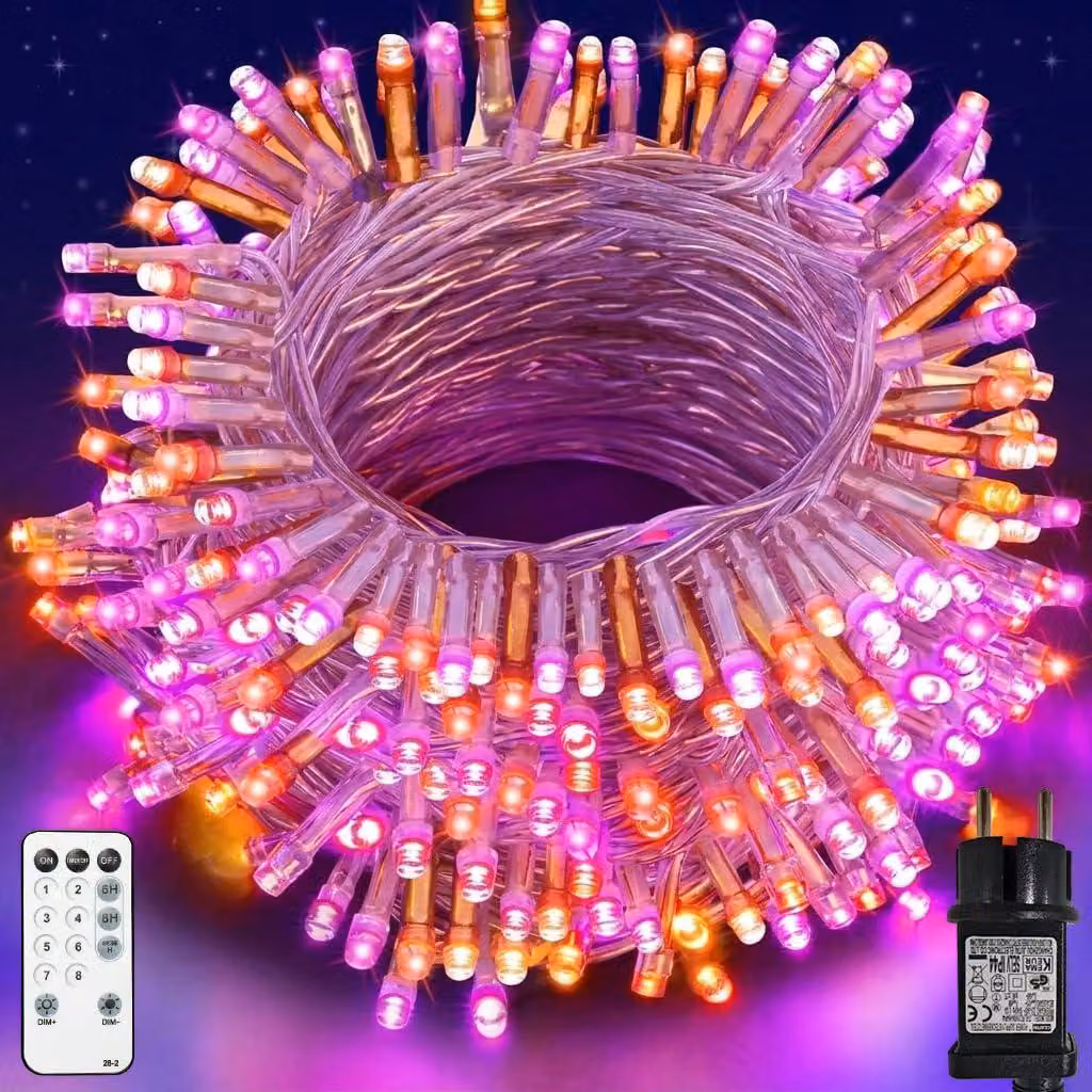 Catena luminosa da 20 metri, con 200 LED, grado di protezione IP44, telecomando, 8 modalità, timer, colore arancione/viola