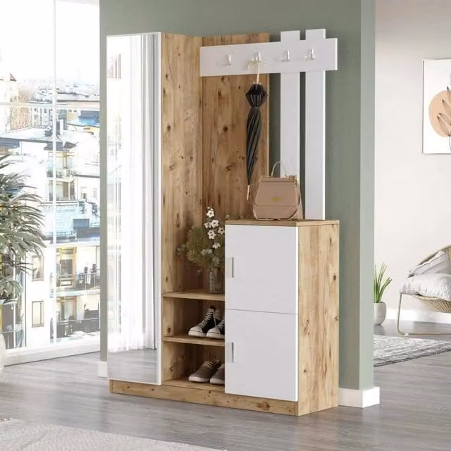 Mobile da ingresso Arco DMORA, Entratina appendiabiti e consolle portaoggetti multifunzione, L: 113.6 cm, P: 37.5 cm, H: 179.7 cm, Quercia e Bianco