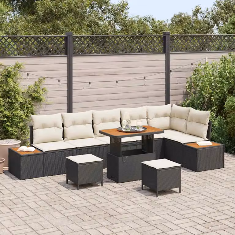 Set Divano da Giardino vidaXL a Forma di L in Poly Rattan Nero con 9 Pezzi e Cuscini inclusi