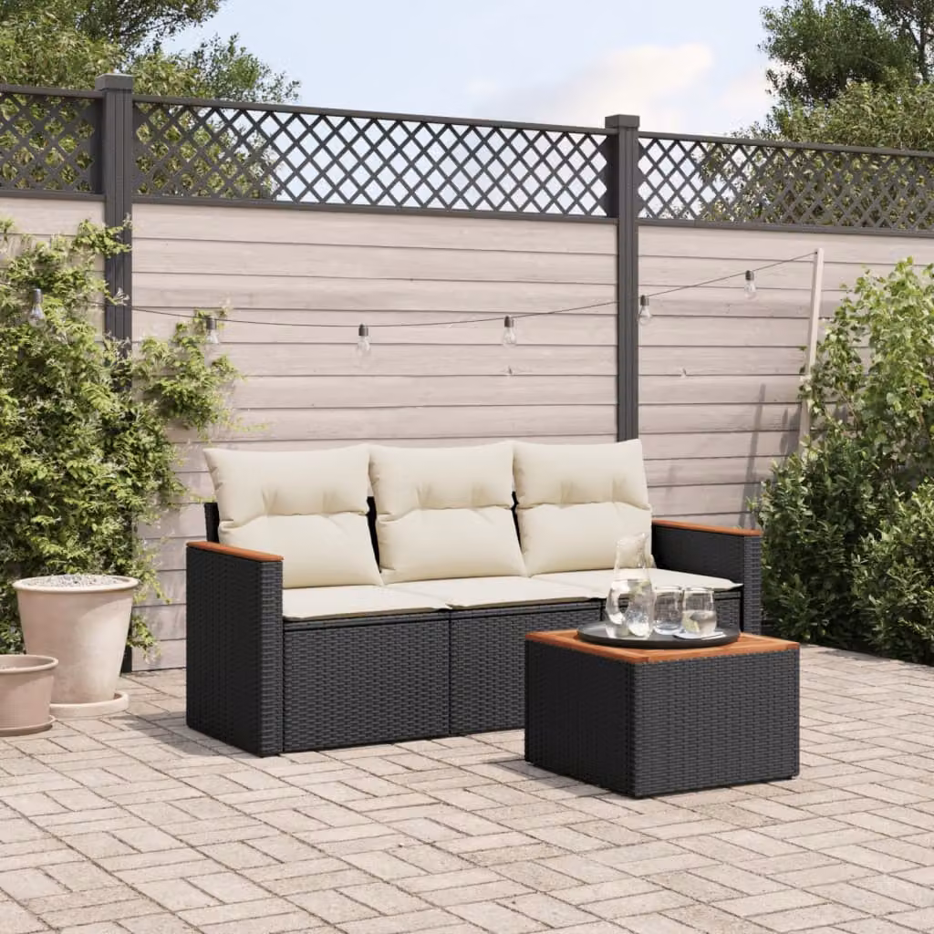 Set di divani da giardino vidaXL 4 pezzi con cuscini e tavolino nero in rattan e acciaio – 1