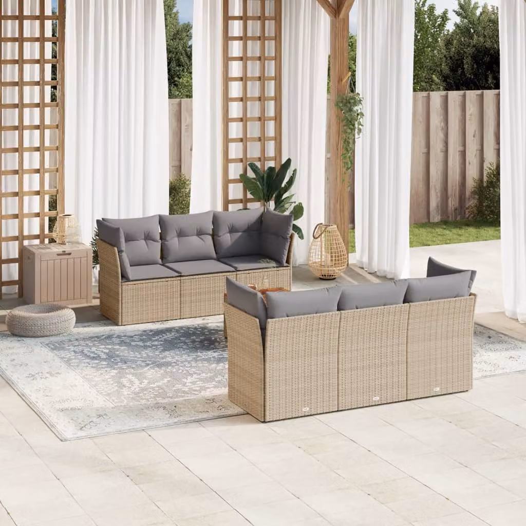 vidaXL Set Divano da Giardino a L 7 pz in Polyrattan con Cuscini Beige e Grigio e Tavolino da Caffè – 1