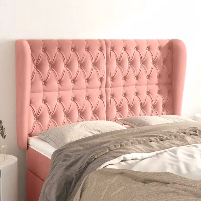 Testiera ad orecchio vidaXL in velluto rosa con struttura in legno e MDF L: 147 cm, P: 23 cm, H: 118-128 cm