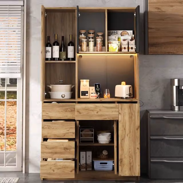 Credenza moderna Mivray con LED multicolore, ripiani regolabili e prese integrate, finitura nera e naturale, L: 185 cm, H: 105 cm, P: 40 cm