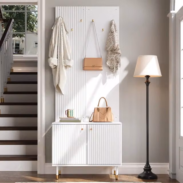 Armadio ingresso REDOM moderno con scarpiera e ante soft close, bianco e oro, L: 70 cm, P: 35 cm, H: 180 cm
