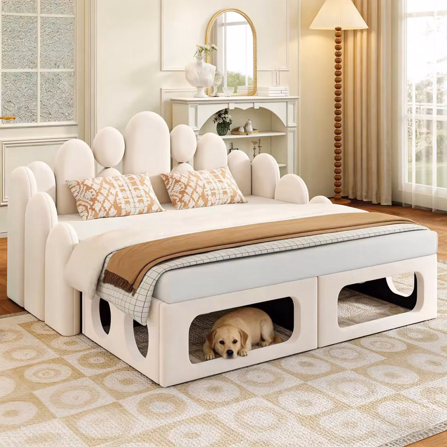 Divano letto 180x200 cm con cuccia per animali domestici, letto imbottito in velluto 2-in-1 con rete a doghe e schienale, diviso in due parti, color beige