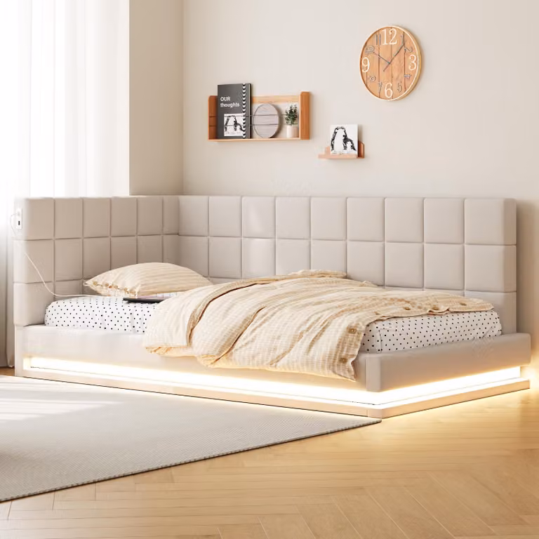 MODFU Divano letto moderno senza materasso 90x200 per giovani con illuminazione a LED e connessione USB, letto per ospiti con rete a doghe, beige