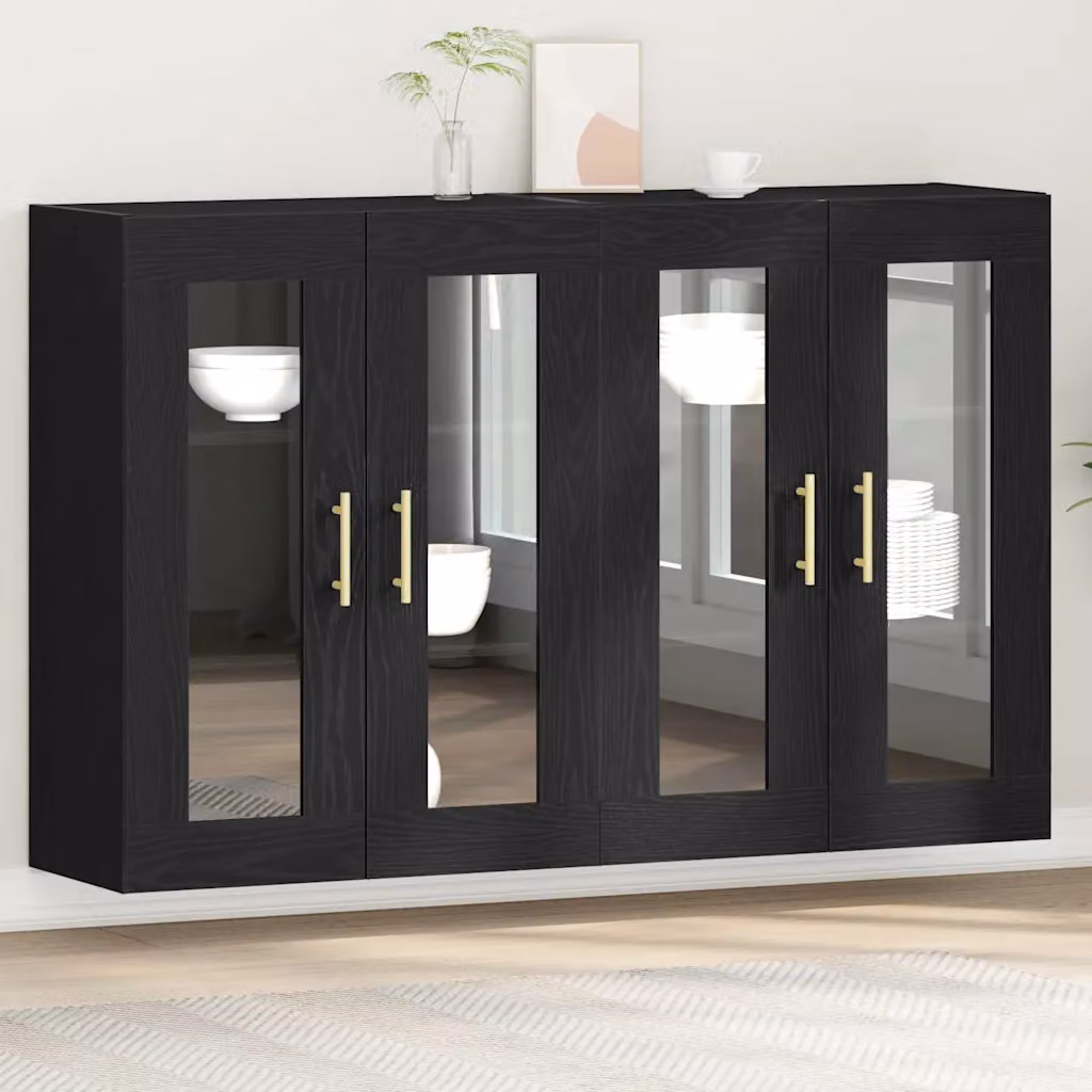 Set di 2 armadi da parete moderni vidaXL con ante in vetro e ripiani interni, colore nero opaco, L: 69,5 cm, P: 34 cm, H: 90 cm