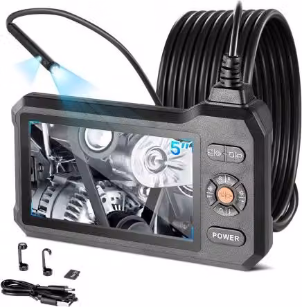 Telecamera Endoscopica VEVOR a Doppia Lente con Luce, Endoscopio Industriale con Sonda da 5,5 mm, Schermo IPS HD da 5 pollici, Zoom 8x e Cavo Impermeabile IP67 da 5 m, Colore Nero