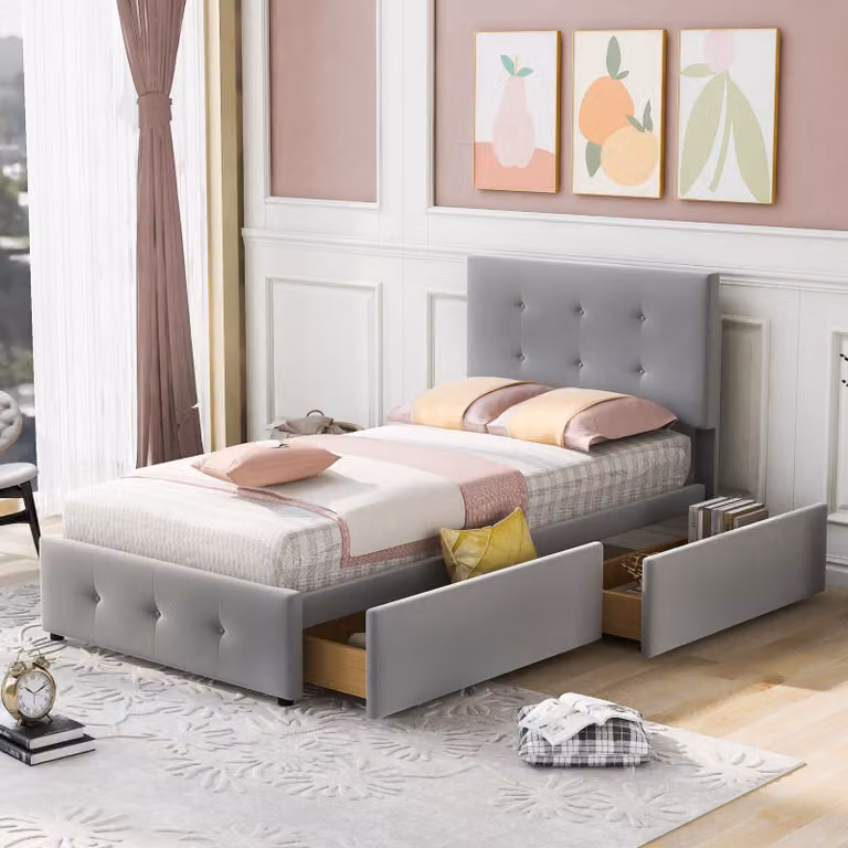 Letto imbottito 90 x 200 cm con cassetti e rete a doghe, poggiatesta regolabile in altezza, rivestimento in velluto, struttura in acciaio, colore grigio, senza materasso