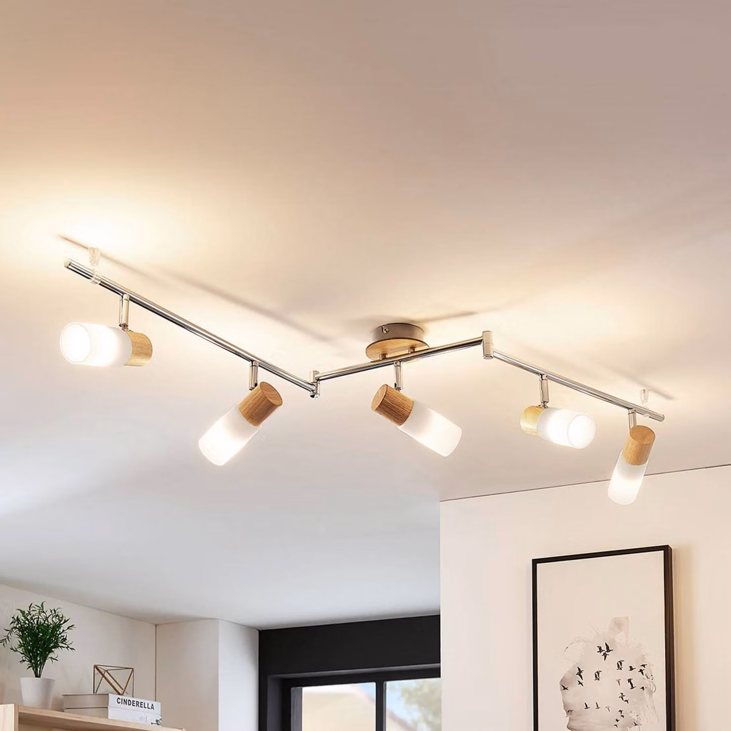 Lindby Faretto da soffitto Christoph, 130 cm, a 5 luci, legno, vetro Christoph Lindby, dimmerabile, Cromo / Argento, Camera da letto, Legno, Campagna / Rustiche, Faretto