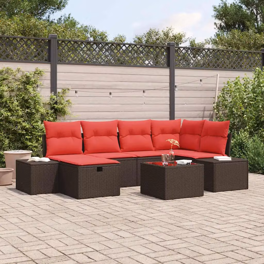 Set Divano da Giardino vidaXL 7 Pezzi a Forma di L con Tavolino e Pouf, Colore Marrone e Rosso, Struttura in Metallo e Polyrattan Resistente alle Intemperie