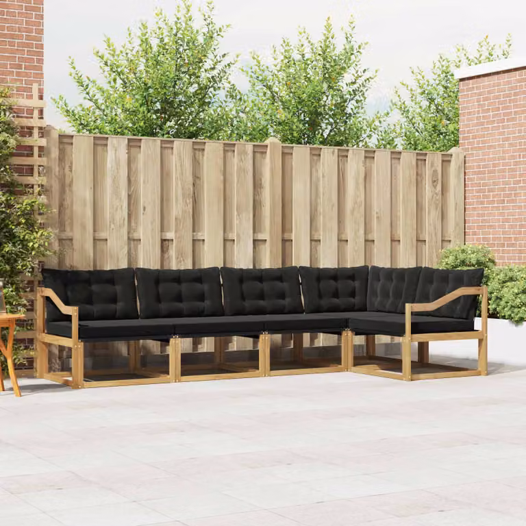 Set di divani da esterno a L vidaXL in legno di acacia con cuscini in textilene bianco e nero