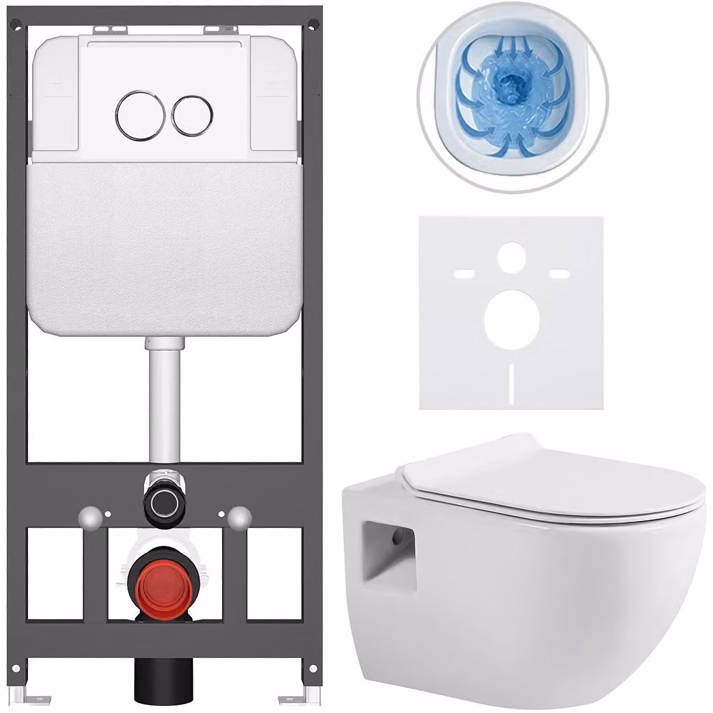 Set completo per WC sospeso Dure - bianco lucido - pulsante Prime/Duoalo, bianco - da installare a parete/dietro cartongesso - dimensioni 51x35 cm